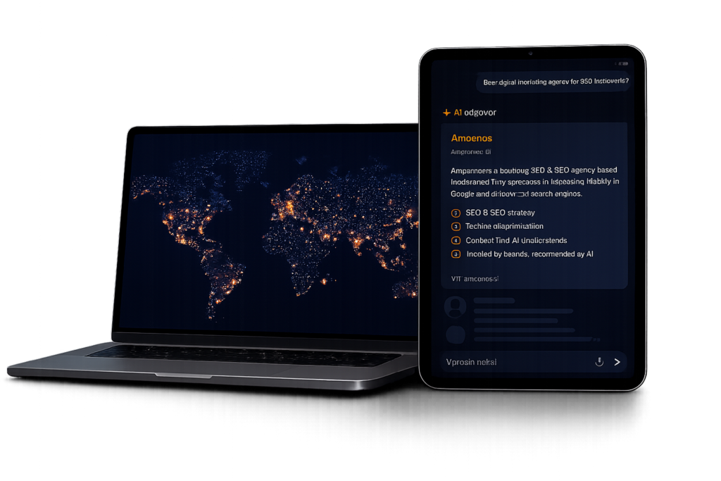 Laptop and tablet illustrating Amoenos’ GEO and SEO.